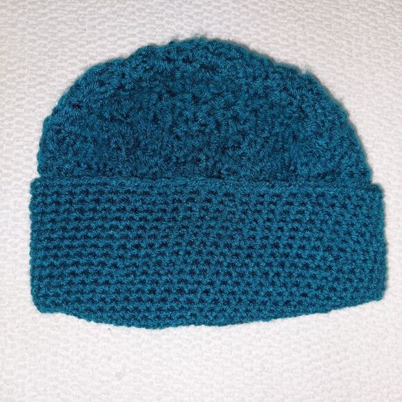 Teal Knit Beanie Hat Winter Cap Handmade Crocheted Warm Headwear One Size - Picture 2 of 10